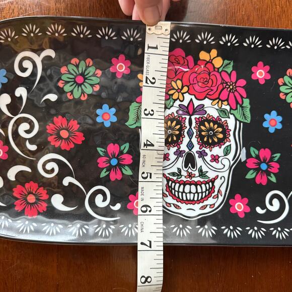 Día de los Muertos Sugar Skull on Black Melamine Tray ~14”x7” - Picture 4 of 4